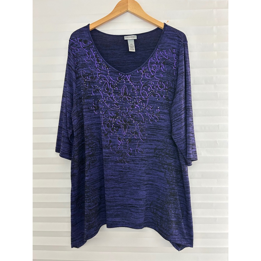 Catherines Womens Purple Space Dye Embroidered Rhinestone Sharkbite Tunic 0X 14W